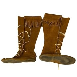 Minnetonka Moccasin Brown Leather Lace Up Fringe Leather Knee High Boot size 9